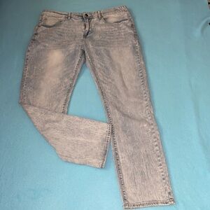 M B X denim slim fit distressed jeans zipper fly 5 pockets stretchy size 36 X 30